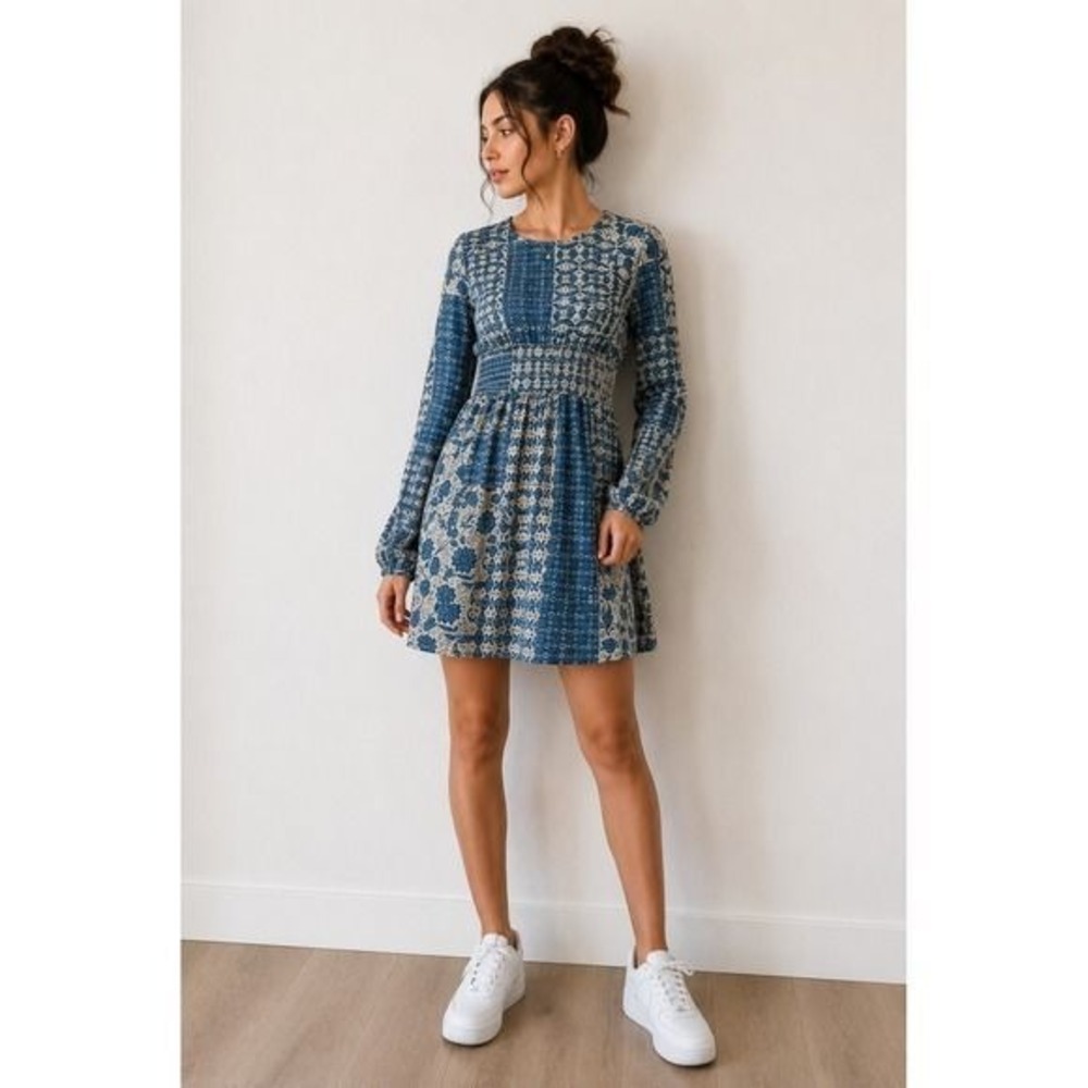 AQUA Boho Mini Dress | Blue & Cream | Size S